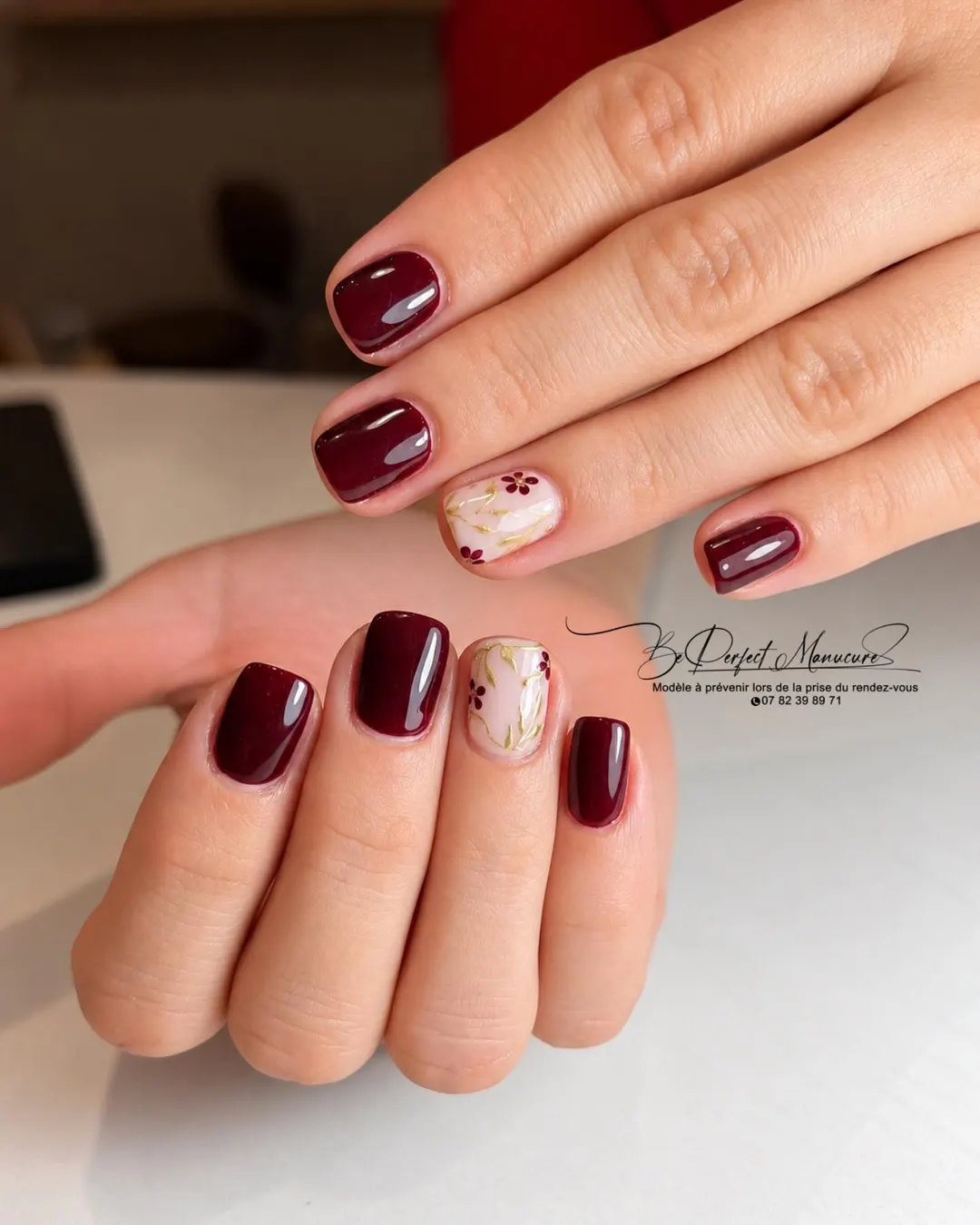 Semi-permanent bordeaux sur ongles courts